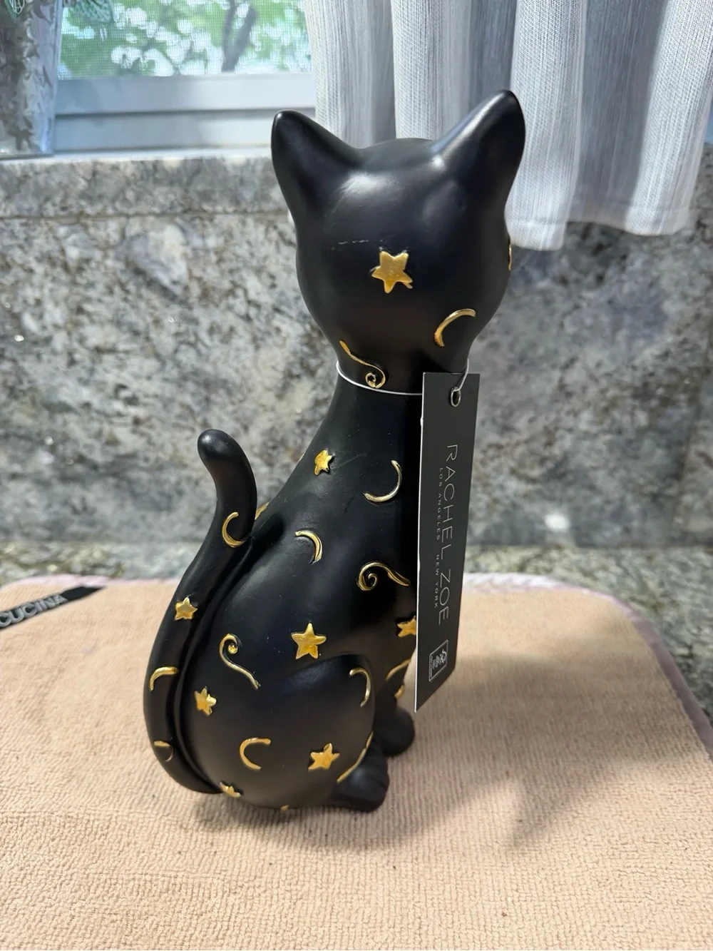 NWT Rachel Zoe Black Cat Halloween Figurine Gold Moon Stars Spooky Decor